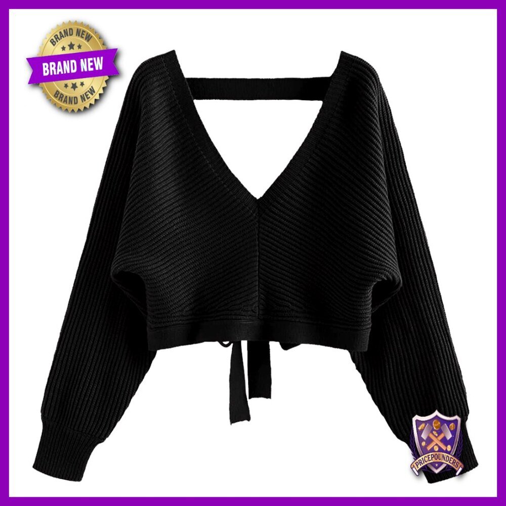Cropped Ribbed Sweater V-Neck Drop Shoulder Loose Fit Pullover